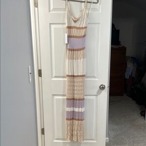 Torn by Ronny Kobo Striped  Adriana Knit Dress in Cream, tan, and Purple
